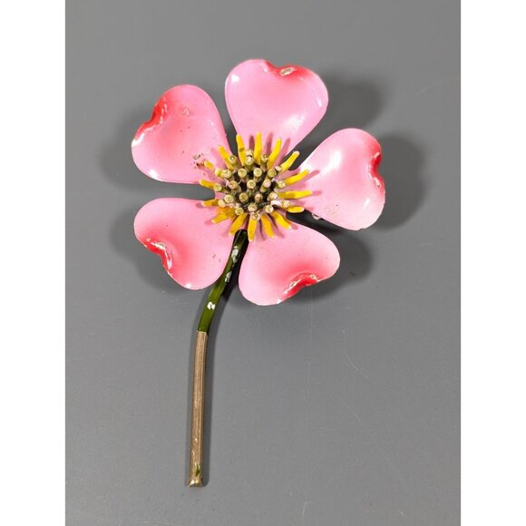 Estate Jewelry - Vintage Pink Metallic Flower Brooch Pin 3D Statement Mid Century Modern
